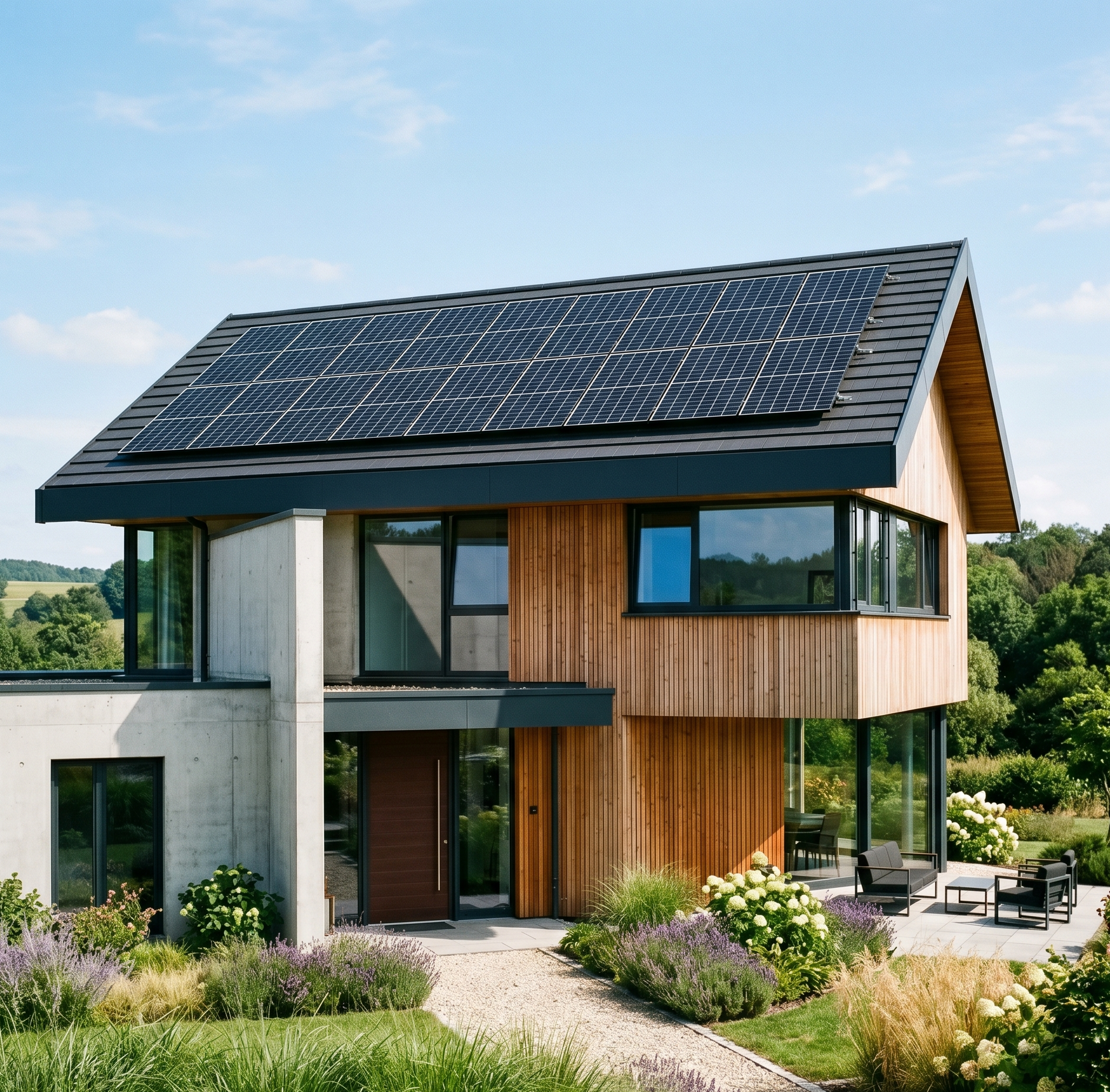 Maison résidentielle équipée de panneaux solaires en toiture